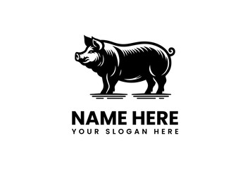 Vintage Style Black Pig Logo Design Illustration.