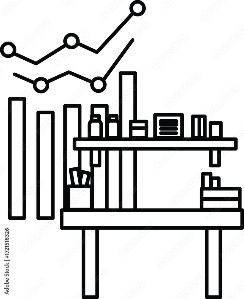 Canvas Prints a black and white drawing of a desk with a shelf and a graph on the wall