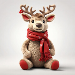 Soft Plush Reindeer Toy with Red Scarf on White Background