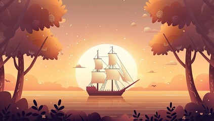 Serene sunset scene featuring a sailing ship on calm waters, framed by lush trees.  Warm, golden light bathes the landscape