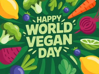 Happy world vegan day celebration with vibrant fresh fruits and vegetables illustration