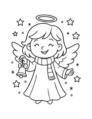 christmas angel coloring page with halo wings bell and scarf festive black and white outline illustration concept of holiday kids activity seasonal craft and decoration