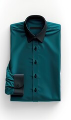 Teal dress shirt folded on white background, featuring a contrasting black collar and cuffs.  Smooth, luxurious fabric is subtly suggested