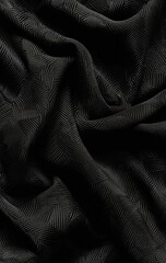 Draped black fabric with subtle texture and folds, showcasing its smooth yet slightly embossed surface.  The dark color and soft light create a luxurious feel