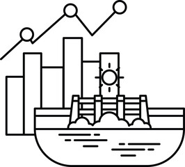 A black and white drawing of a city with a river and a dam