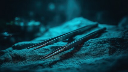 Close-up of Precision Tweezers on Textured Fabric Surface