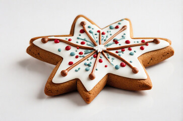 Star-Shaped Gingerbread Cookie with White Icing on White Background