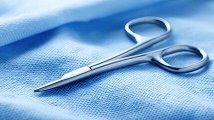 Close-Up of Professional Surgical Scissors on Blue Fabric Background