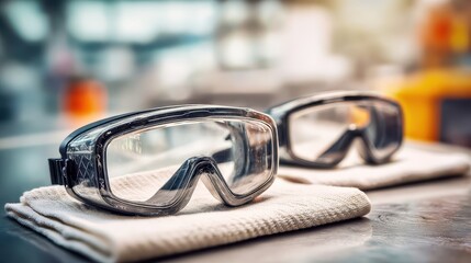 Close-Up of Protective Goggles on Cloth in Scientific Environment