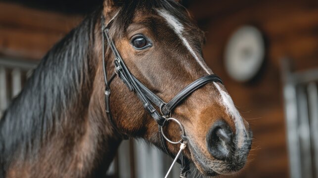 Close-up view of a brown horse in a stable during daylight, showcasing its features and surroundings with a rustic background