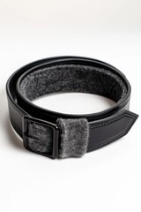 A black leather belt with a gray padded interior is displayed on a white background, rolled to show both sides and buckle