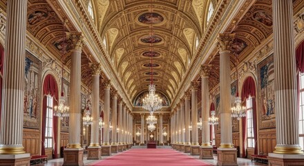 Luxurious Historic Ballroom with Ornate Gold Detailing Elegant Chandeliers Rich Red Curtains
