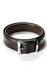 A black leather belt with a silver buckle, neatly coiled on a white background. The belt features subtle stitching details and a contrasting brown inner layer