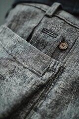 Close-up of textured fabric, possibly pants, showing pocket detail and button.  The material appears heavy and slightly wrinkled