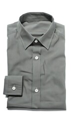 A neatly folded, solid gray, long-sleeved button-down dress shirt with a point collar, lies flat against a white background