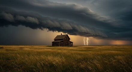 Naklejka premium Isolated farmhouse braves dramatic thunderstorm with lightning strikes over vast plains