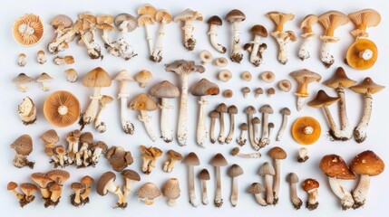 Diverse assortment of wild mushrooms beautifully arranged on a clean background