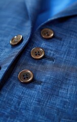 Close-up of a blue, textured fabric garment's front, showcasing four dark brown buttons and subtle stitching