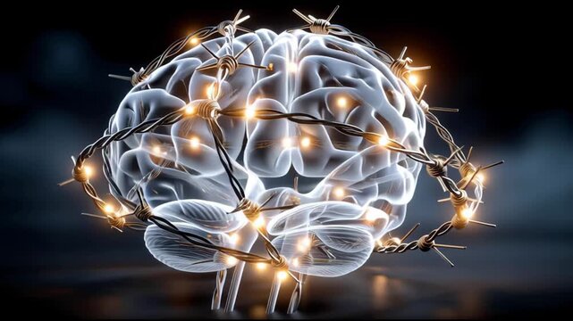 A brain wrapped in barbed wire. A conflict between the mind and external circumstances. Stress or mental tension.	