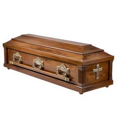 Sad brown wood coffin or casket for funeral, with Christian cross. An isolated container for burial, symbolizing death and profound sadness of loss