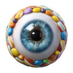 Creepy blue eyeball candy, spooky Halloween treat element. Isolated sweet confection art with glossy iris and colorful sugar decoration for scary holiday party concept