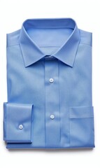 A neatly folded, light-blue, long-sleeved dress shirt with a classic collar and button cuffs, displayed on a white background