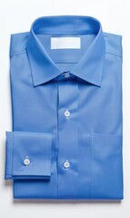 A solid, light blue, long-sleeved dress shirt is neatly folded and displayed against a white background.  The shirt has a classic collar and button-down cuffs
