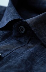 Close-up of a dark-colored, textured shirt collar and placket, showing a button and subtle fabric wrinkles. The image emphasizes the material's unique surface