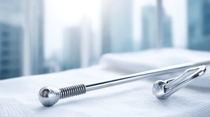 Close-Up of Silver Metal Instrument on White Surface with Urban Background