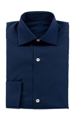 A neatly folded, dark-blue, long-sleeved dress shirt with a button-down collar and French cuffs, shown against a bright white background