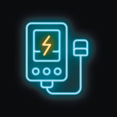 Fototapeta premium Neon sign of a defibrillator with electric shock symbol showing, glowing blue and yellow on black background