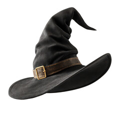 Spooky black witch hat costume accessory with brown belt and buckle for magical Halloween celebration. Isolated fantasy object for witchcraft concepts