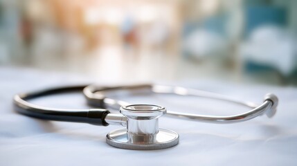 Close-up of Stethoscope on Bed in Hospital Setting with Soft Focus