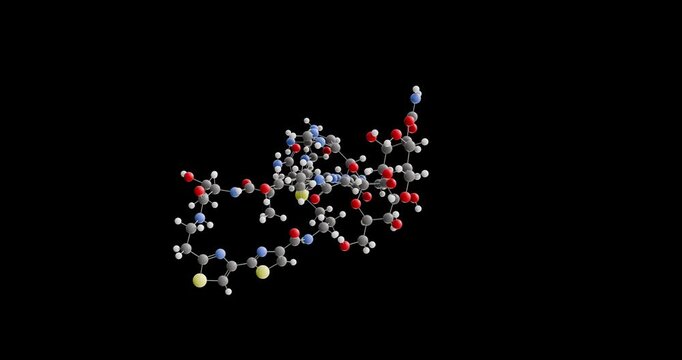 Bleomycin molecule, rotating 3D model of antineoplastic agents, looped video on a black background
