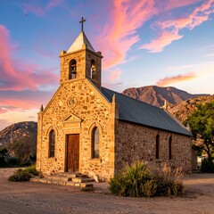 Fototapeta premium Rustic stone church at sunset