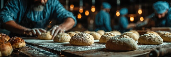 Bakers kneading dough in a rustic bakery during the early morning hours with warm ambient lighting