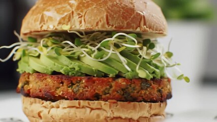 Close-up of a delicious vegan burger with plant-based patty, fresh avocado slices, and sprouts on a sesame seed bun, perfect for healthy eating promotions and vegetarian recipes