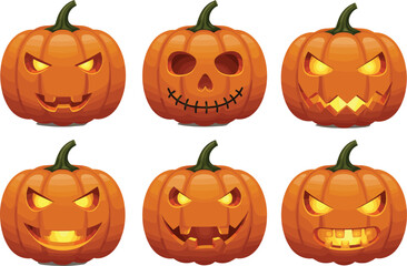 Halloween pumpkin illustration, six glowing jack-o'-lanterns with unique spooky expressions orange black festive design, vector clipart, seasonal artwork