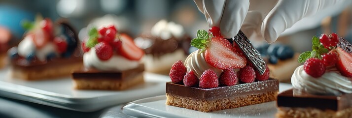 Expert pastry chef decorates exquisite chocolate desserts with fresh fruits and cream in a busy kitchen setting