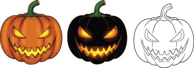 Halloween pumpkin illustration, three jack-o'-lanterns with glowing faces orange black outline versions spooky festive design, vector clipart artwork