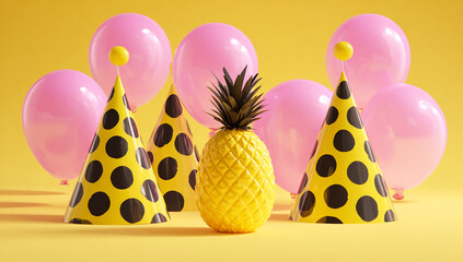 3D black and yellow polka dot party hats, pink balloons on a yellow background, a pineapple piñata in the middle of it all, minimalistic
