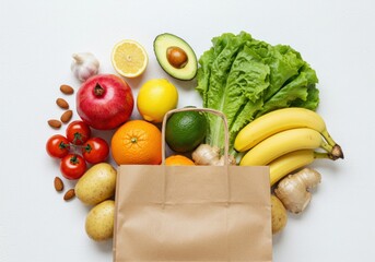 Paper Bag with Fresh Fruits and Vegetables on White Background – Healthy Food Flat Lay