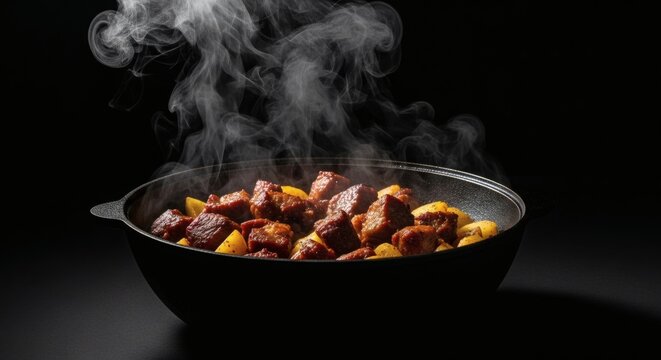 Traditional Central Asian Kuurdak steaming in a rustic cast-iron kazan
