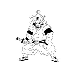 A fierce warrior in traditional Japanese samurai armor stands ready with a sword, exuding strength and determination in a classic illustrative style.