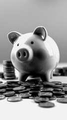 Piggy bank surrounded by coins for saving money