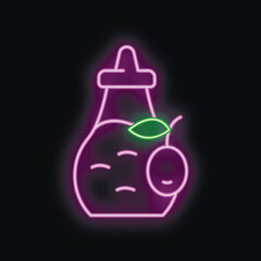 Neon sign representing a bottle of apple juice with a green leaf and a pink apple, glowing on black background