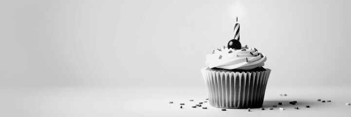 Delicious cupcake with a candle on top and scattered sprinkles