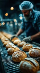 Freshly baked bread loaves being prepared in a bustling artisan bakery