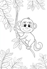 A charming, black and white illustration of a monkey grasping a branch amidst lush foliage.