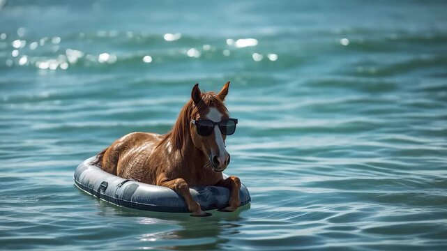 A horse enjoys a leisurely time floating on a raft in the water, soaking up the sun while sporting a pair of cool sunglasses. This unique moment captures the joy of summer.